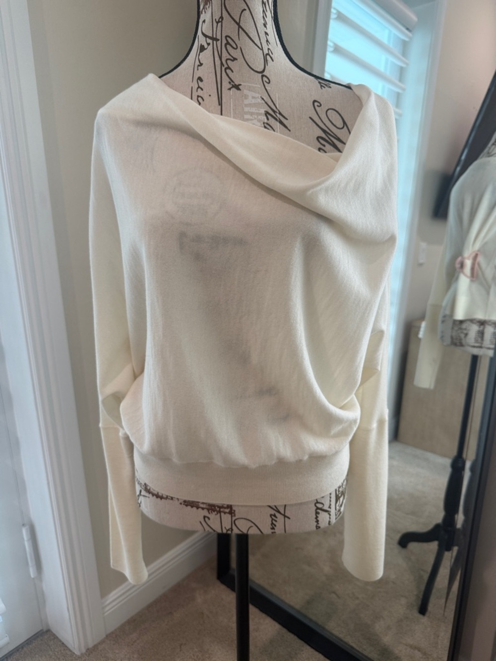 All Saints Cream Off-the-Shoulder Draped Sweater